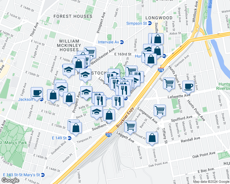 map of restaurants, bars, coffee shops, grocery stores, and more near 980 Longwood Avenue in Bronx