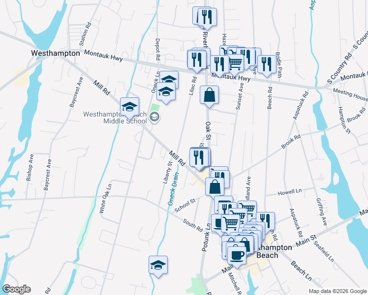 map of restaurants, bars, coffee shops, grocery stores, and more near 2 Lilac Road in Westhampton Beach