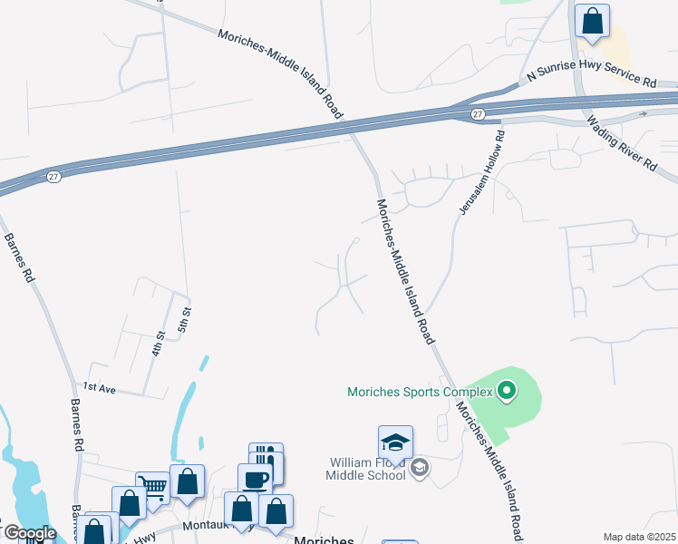 map of restaurants, bars, coffee shops, grocery stores, and more near 78 Wildflower Court in Moriches