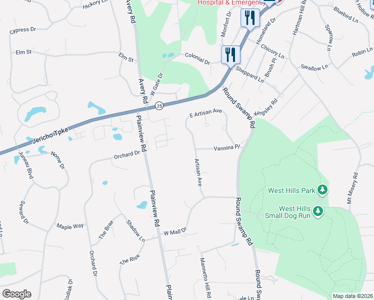 map of restaurants, bars, coffee shops, grocery stores, and more near 27 Artisan Avenue in Huntington