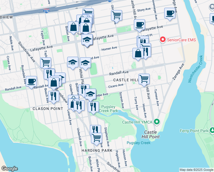 map of restaurants, bars, coffee shops, grocery stores, and more near 510 Pugsley Avenue in Bronx