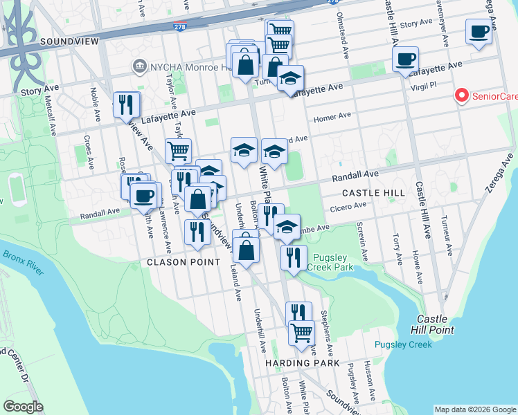 map of restaurants, bars, coffee shops, grocery stores, and more near 530 Underhill Avenue in Bronx
