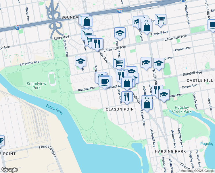map of restaurants, bars, coffee shops, grocery stores, and more near 1764 Randall Avenue in Bronx