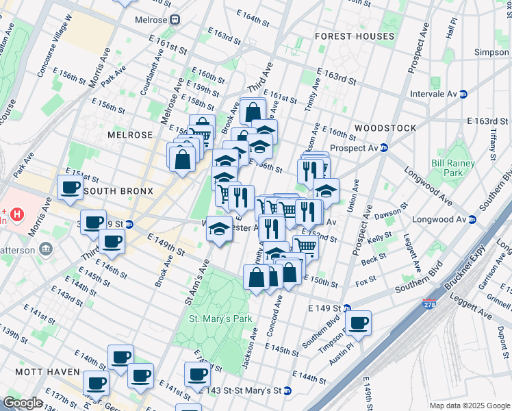 map of restaurants, bars, coffee shops, grocery stores, and more near 642 Westchester Avenue in The Bronx