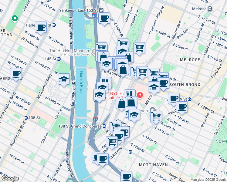 map of restaurants, bars, coffee shops, grocery stores, and more near 395 Grand Concourse in The Bronx