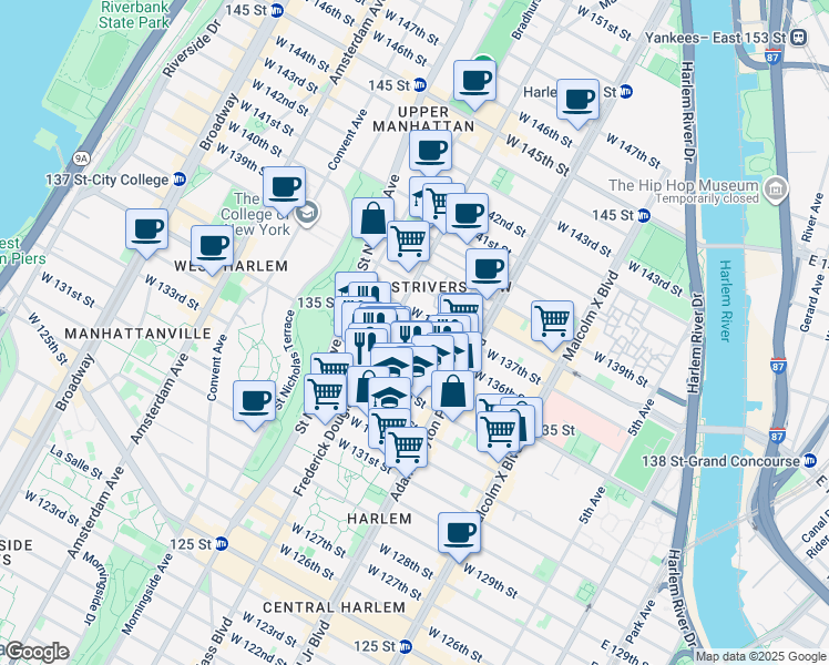 map of restaurants, bars, coffee shops, grocery stores, and more near 241 West 135th Street in New York