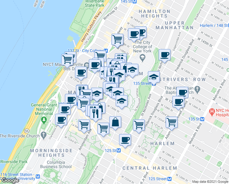 map of restaurants, bars, coffee shops, grocery stores, and more near 90 Convent Avenue in New York