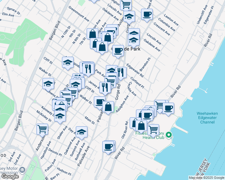 map of restaurants, bars, coffee shops, grocery stores, and more near 351 Palisade Avenue in Cliffside Park