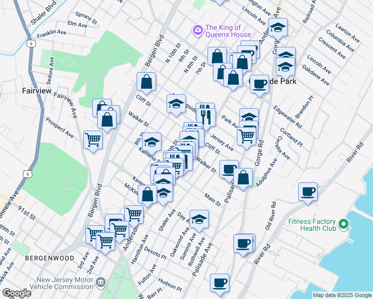 map of restaurants, bars, coffee shops, grocery stores, and more near 239 Anderson Avenue in Fairview