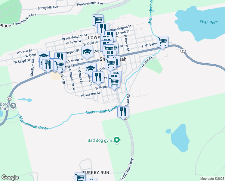 map of restaurants, bars, coffee shops, grocery stores, and more near 321 South Ferguson Street in Shenandoah