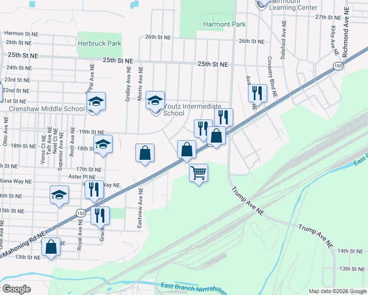 map of restaurants, bars, coffee shops, grocery stores, and more near 3055 Mahoning Road Northeast in Canton