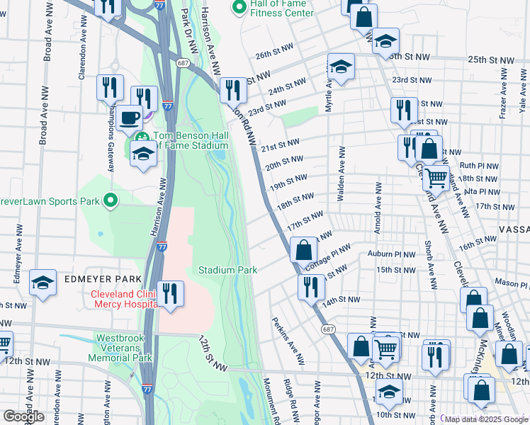 map of restaurants, bars, coffee shops, grocery stores, and more near 1714 Fulton Road Northwest in Canton