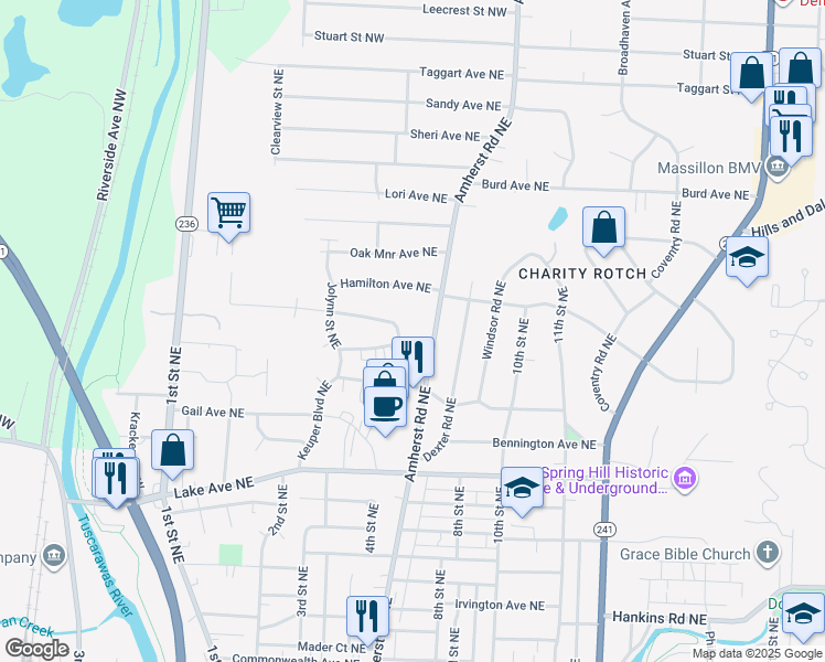map of restaurants, bars, coffee shops, grocery stores, and more near 553 Amvale Avenue Northeast in Massillon