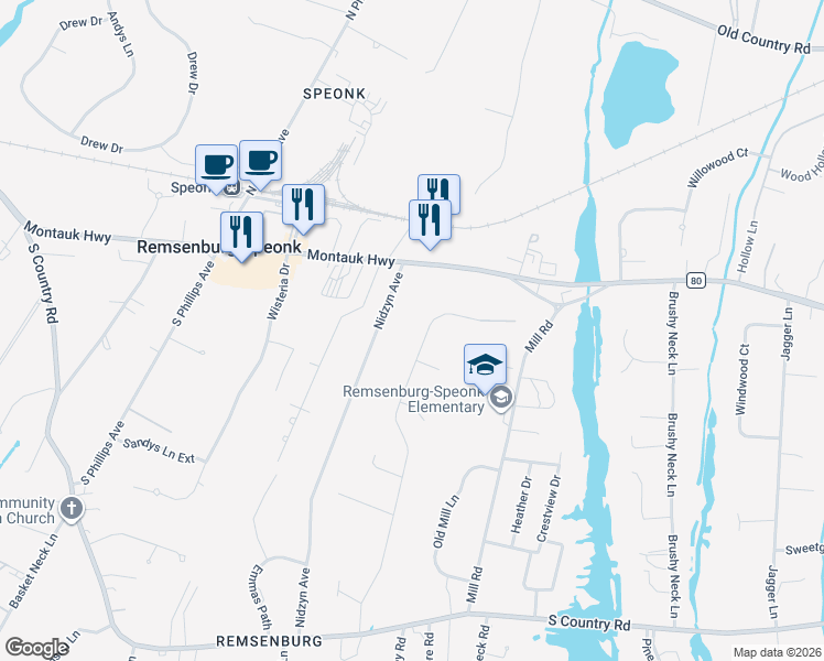 map of restaurants, bars, coffee shops, grocery stores, and more near 45 Bridle Path in Remsenburg-Speonk