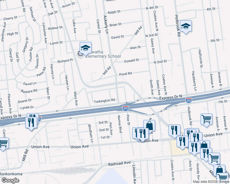 map of restaurants, bars, coffee shops, grocery stores, and more near 27 Tarkington Road in Holbrook