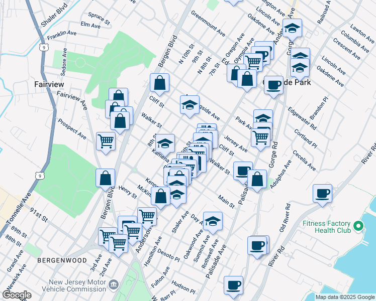map of restaurants, bars, coffee shops, grocery stores, and more near 221 4th Street in Fairview