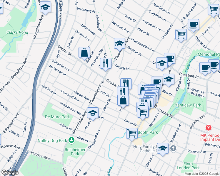 map of restaurants, bars, coffee shops, grocery stores, and more near 14 Ackerman Street in Nutley