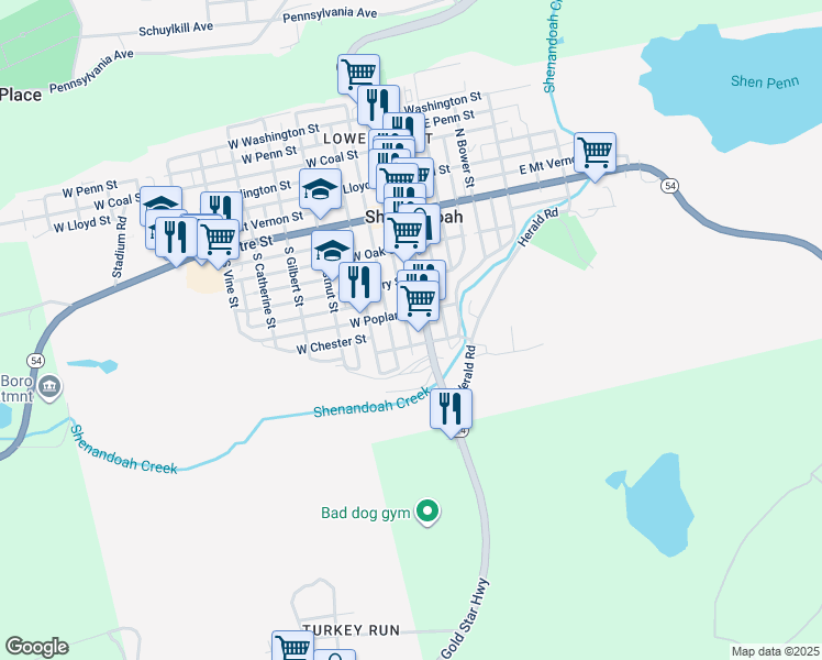 map of restaurants, bars, coffee shops, grocery stores, and more near 321 South Ferguson Street in Shenandoah