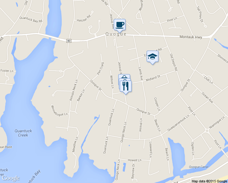 map of restaurants, bars, coffee shops, grocery stores, and more near 1 Village Lane in East Quogue