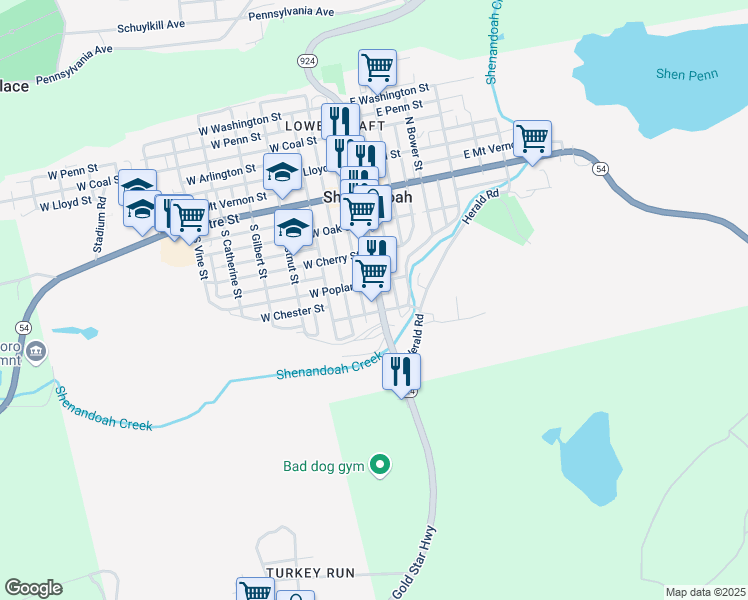 map of restaurants, bars, coffee shops, grocery stores, and more near 324 Main Street in Shenandoah
