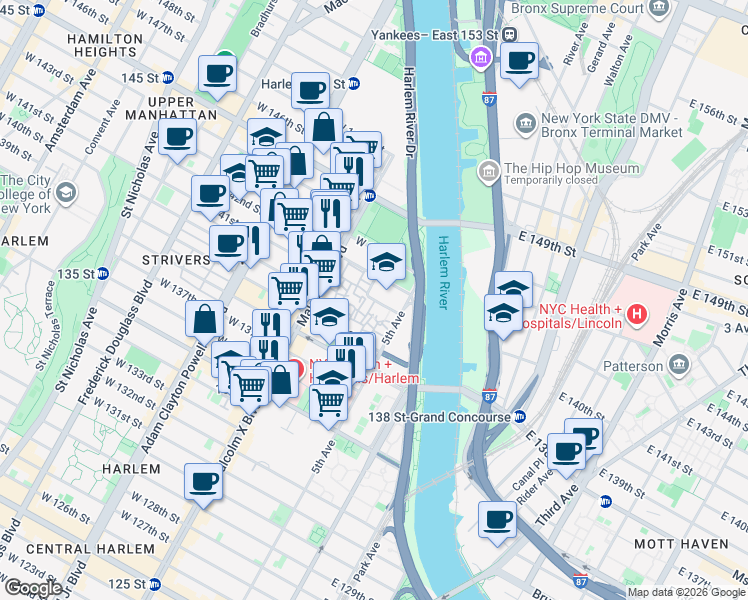 map of restaurants, bars, coffee shops, grocery stores, and more near 2300 5th Avenue in New York
