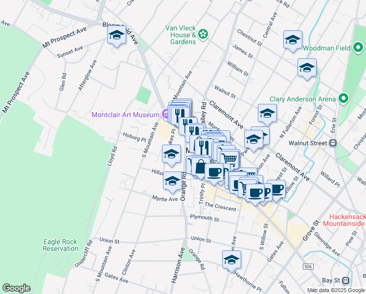 map of restaurants, bars, coffee shops, grocery stores, and more near 23 Orange Road in Montclair