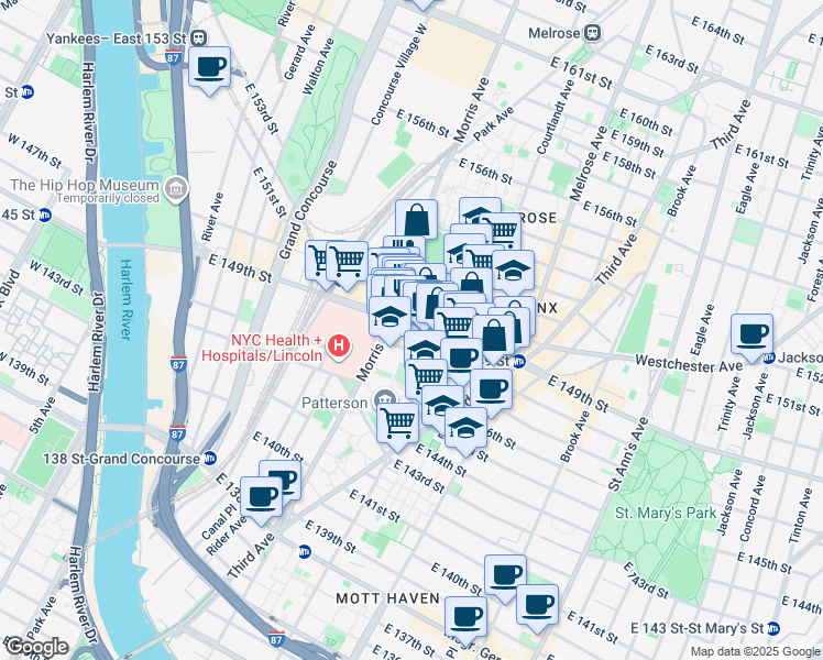 map of restaurants, bars, coffee shops, grocery stores, and more near 290 East 149th Street in The Bronx