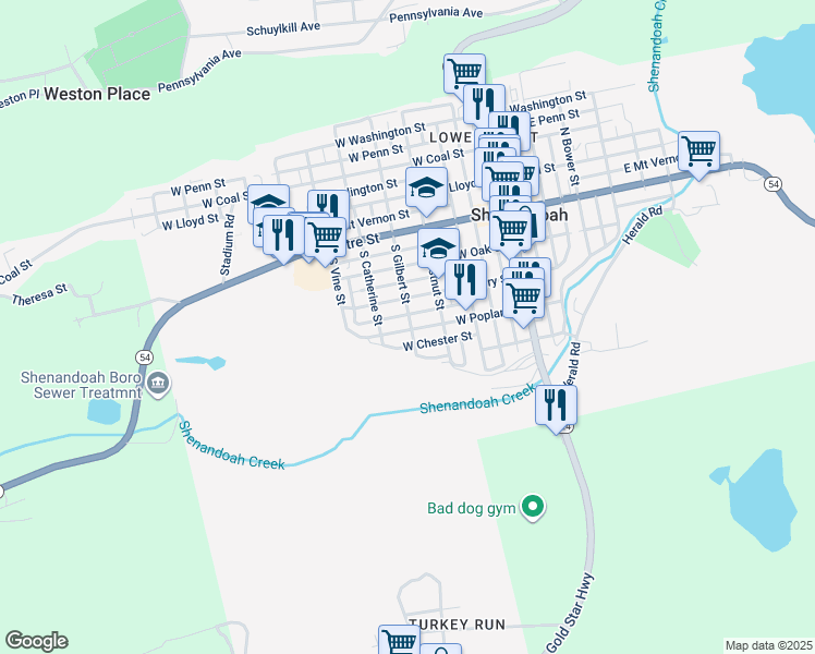 map of restaurants, bars, coffee shops, grocery stores, and more near 401 West Poplar Street in Shenandoah