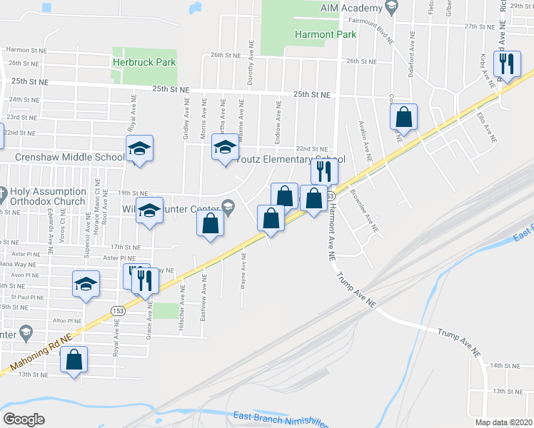 map of restaurants, bars, coffee shops, grocery stores, and more near 3055 Mahoning Road Northeast in Canton