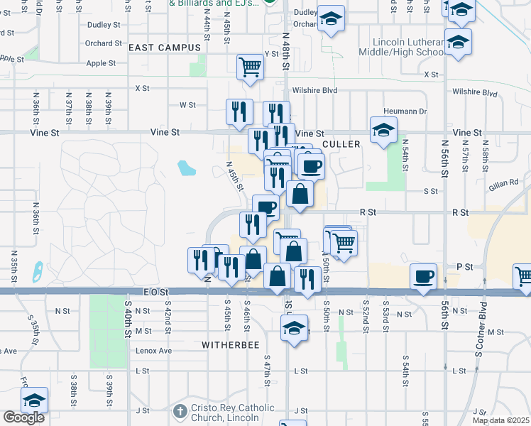 map of restaurants, bars, coffee shops, grocery stores, and more near 333 North 48th Street in Lincoln