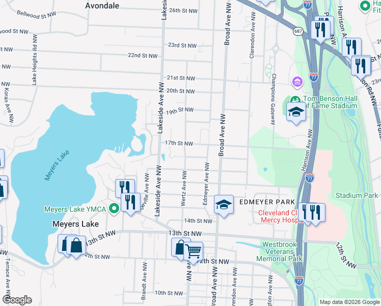 map of restaurants, bars, coffee shops, grocery stores, and more near 2928 Joseph Place Northwest in Canton