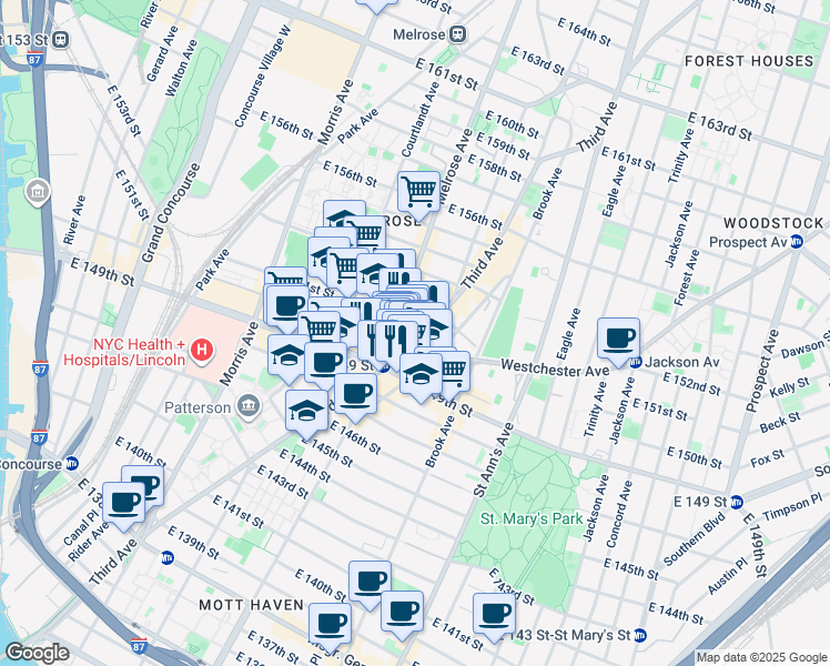 map of restaurants, bars, coffee shops, grocery stores, and more near in The Bronx