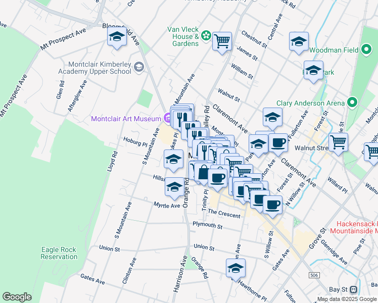 map of restaurants, bars, coffee shops, grocery stores, and more near 23 Orange Road in Montclair