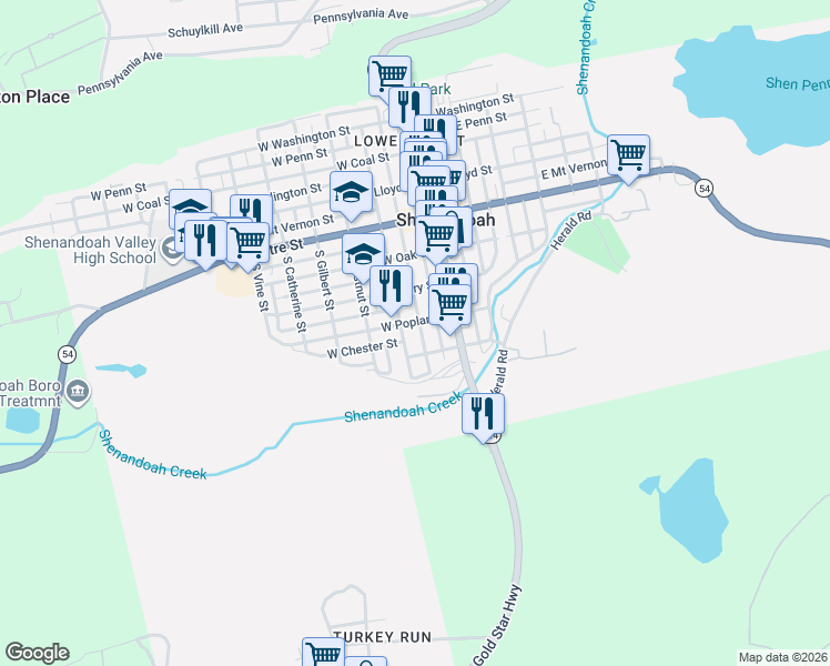 map of restaurants, bars, coffee shops, grocery stores, and more near 341 South Jardin Street in Shenandoah