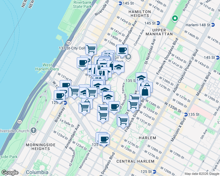 map of restaurants, bars, coffee shops, grocery stores, and more near West 133rd Street in New York
