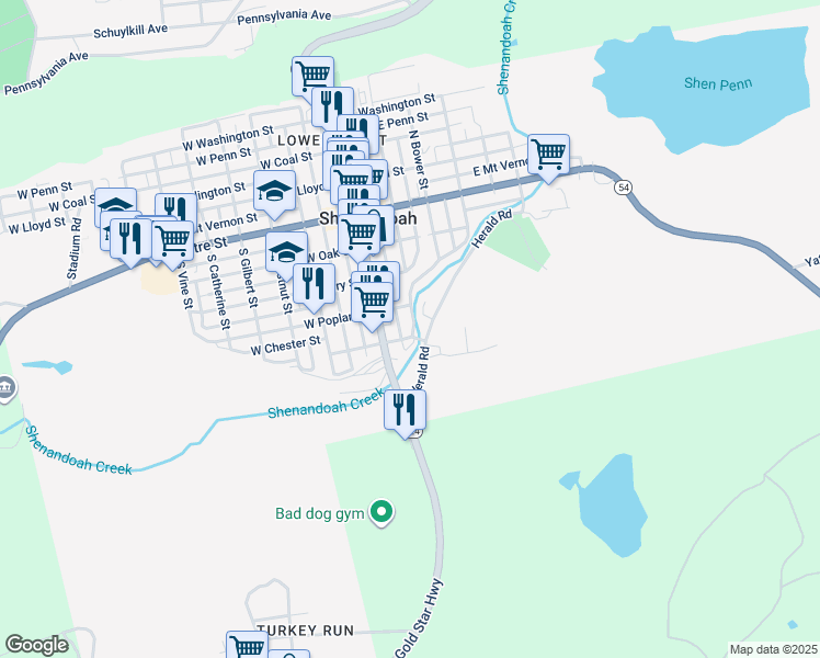 map of restaurants, bars, coffee shops, grocery stores, and more near 324 South White Street in Shenandoah