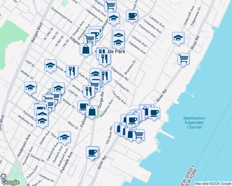 map of restaurants, bars, coffee shops, grocery stores, and more near 390 Adolphus Avenue in Cliffside Park