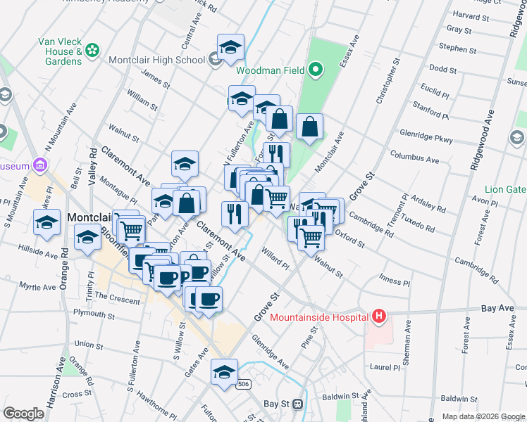 map of restaurants, bars, coffee shops, grocery stores, and more near 6 Depot Square in Montclair