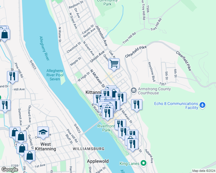 map of restaurants, bars, coffee shops, grocery stores, and more near 210 North McKean Street in Kittanning