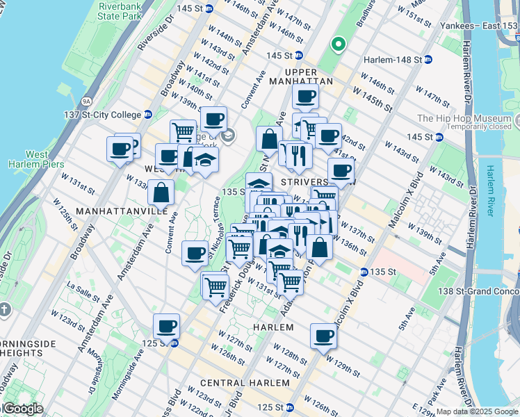 map of restaurants, bars, coffee shops, grocery stores, and more near 6 Edgecombe Avenue in New York