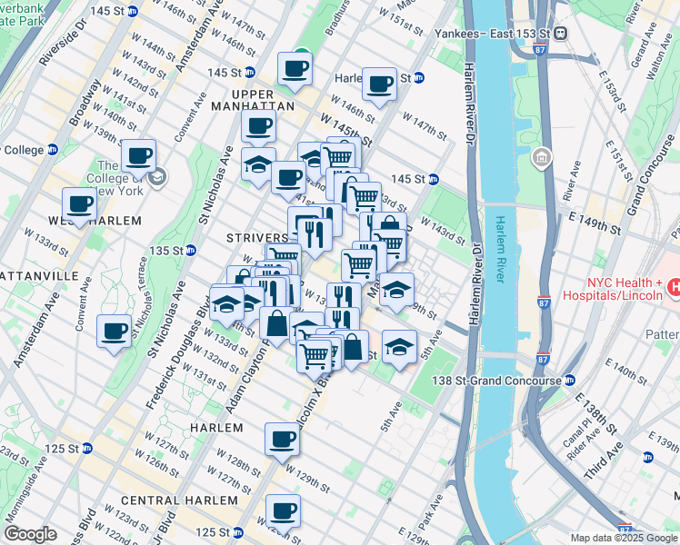 map of restaurants, bars, coffee shops, grocery stores, and more near 128 West 138th Street in New York