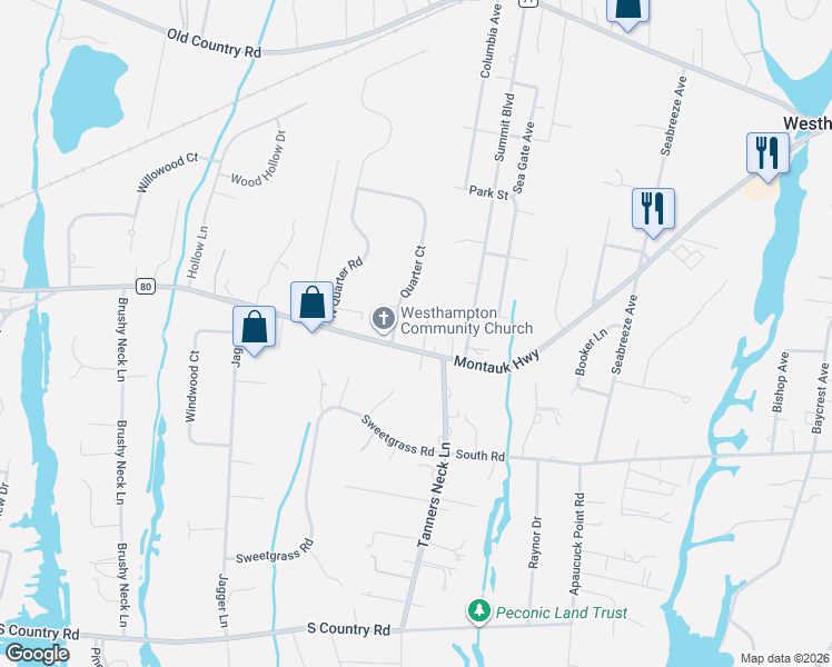 map of restaurants, bars, coffee shops, grocery stores, and more near 106 County Road 80 in Westhampton