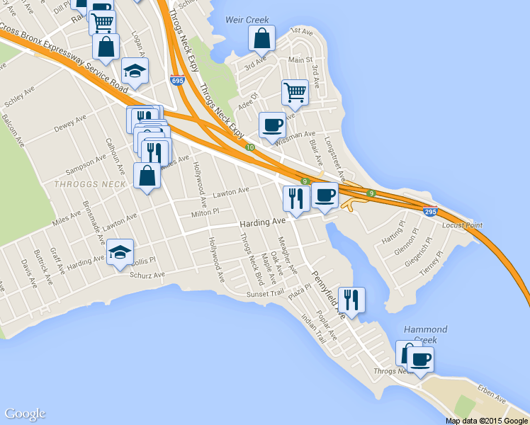 map of restaurants, bars, coffee shops, grocery stores, and more near 3038 Harding Avenue in Bronx