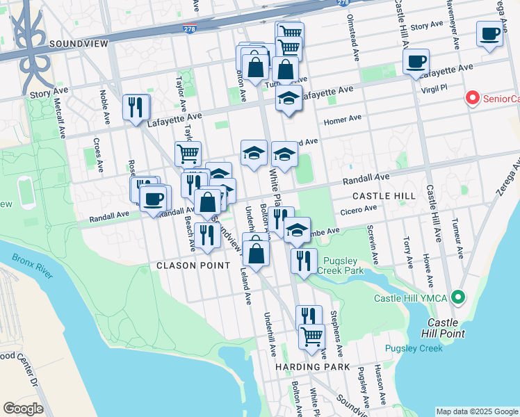 map of restaurants, bars, coffee shops, grocery stores, and more near 530 Underhill Avenue in Bronx