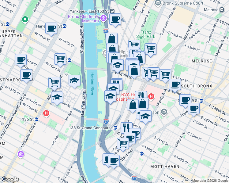 map of restaurants, bars, coffee shops, grocery stores, and more near 414 Gerard Avenue in The Bronx