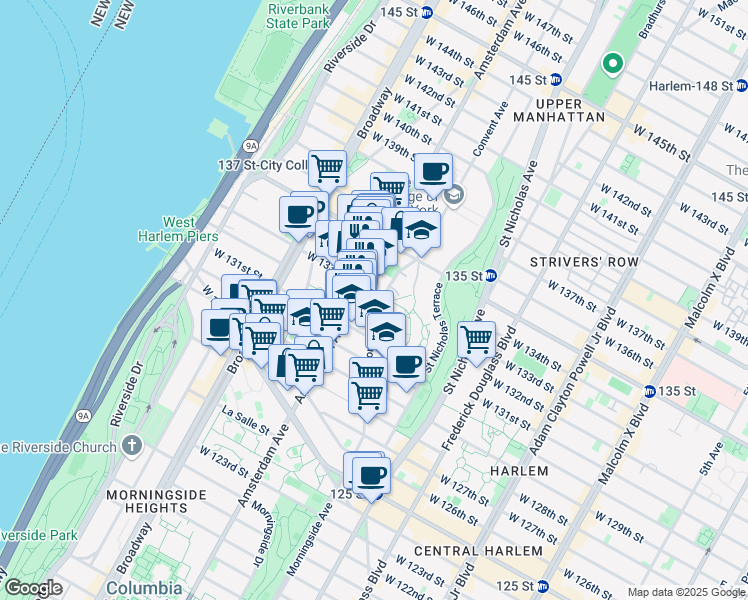 map of restaurants, bars, coffee shops, grocery stores, and more near 90 Convent Avenue in New York