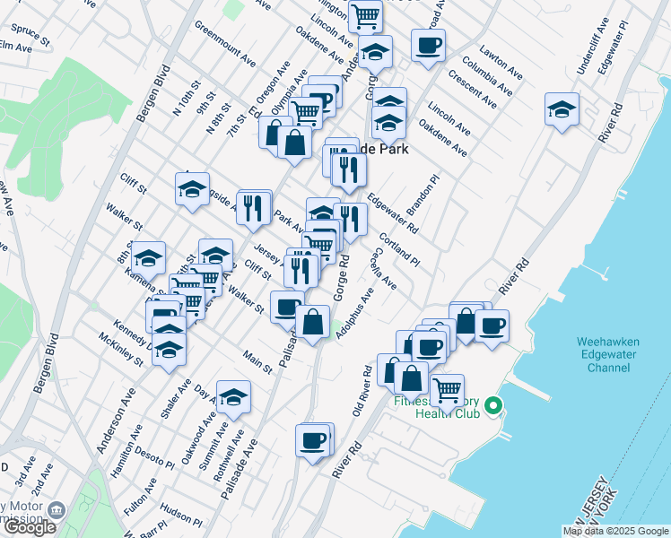 map of restaurants, bars, coffee shops, grocery stores, and more near 352 Gorge Road in Cliffside Park