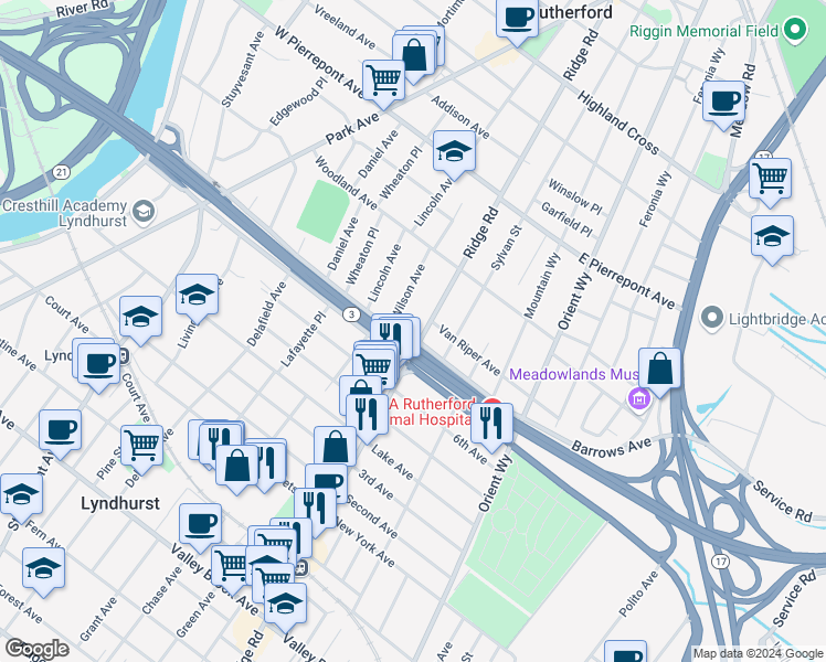 map of restaurants, bars, coffee shops, grocery stores, and more near 548 Rutherford Avenue in Lyndhurst