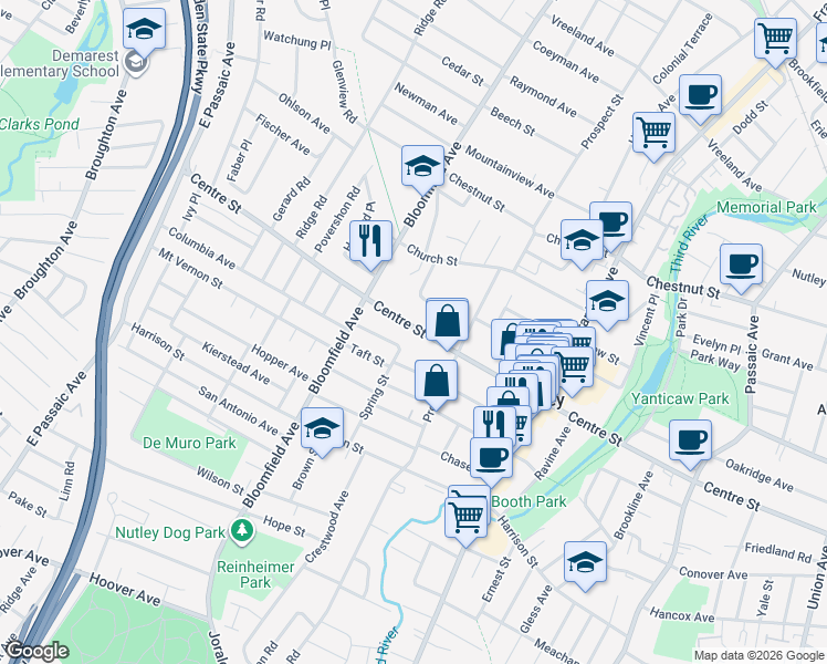 map of restaurants, bars, coffee shops, grocery stores, and more near 84 Race Street in Nutley