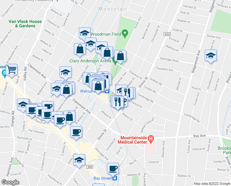 map of restaurants, bars, coffee shops, grocery stores, and more near 130 Grove Street in Montclair